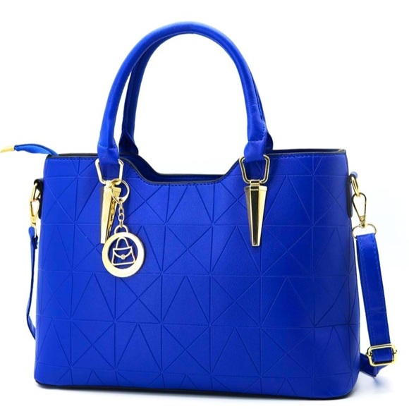 Electric Blue & Gold Tone Detailing Leather Satchel Tote Shoulder Bag, NWOT - Picture 1 of 10